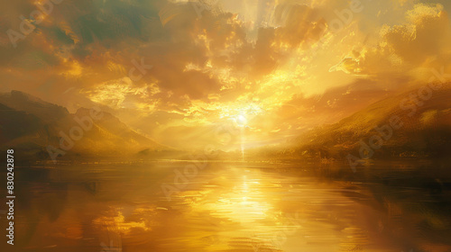 A painting of a sun setting over a lake with mountains in the background