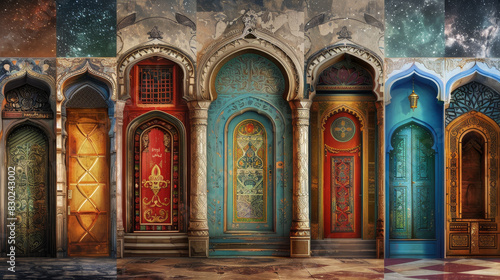 A row of colorful doors with a blue door in the middle