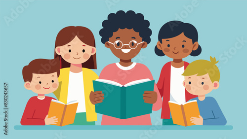 As the librarian reads the children lean in closer their eyes fixed on the pages of the story unfolding before them.. Vector illustration