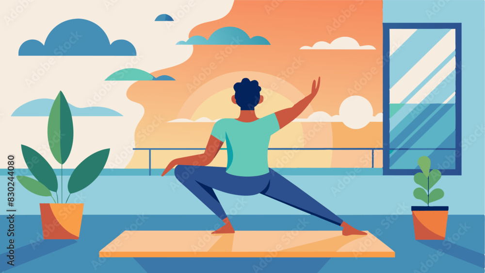As the sun rises a man practices yoga on his balcony connecting with his body and mind.. Vector illustration As the sun rises a man practices yoga on his balcony connecting with his body and mind.. Vector illustration