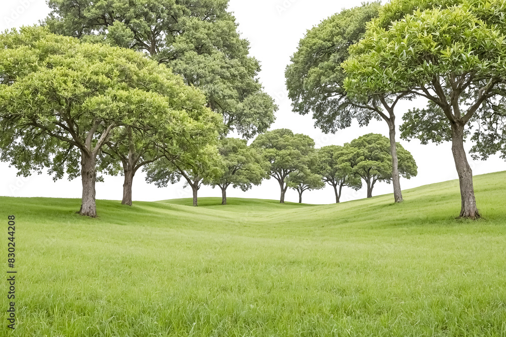 Fototapeta premium Lush green field with trees on a white background