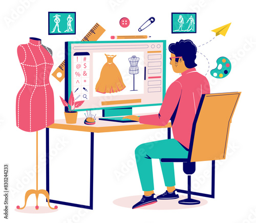 Fashion designer cartoon character working on laptop vector illustration. Busy creative artist using digital pc software for clothes design scene