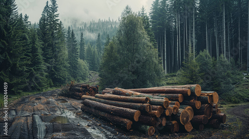 A forest with a road in the middle and a pile of logs on the side photo
