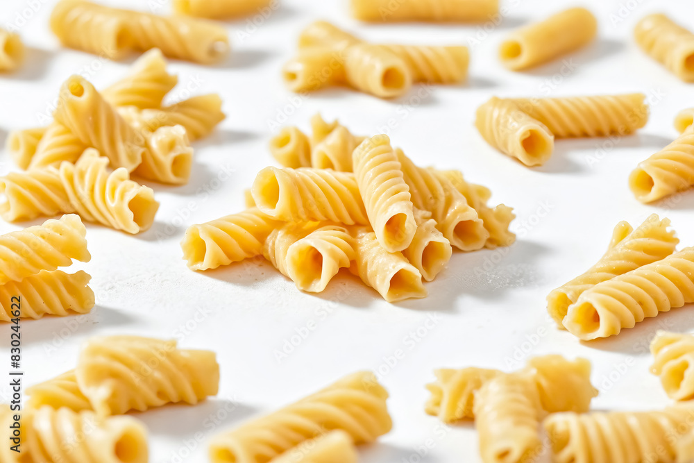 Close-up of Raw Rotini Pasta on White Surface Close-up of Raw Rotini Pasta on White Surface