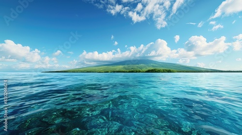 Fototapeta Naklejka Na Ścianę i Meble -  A stunning ocean vista featuring a verdant hill in the distance under a cloudless sky with tranquil waters