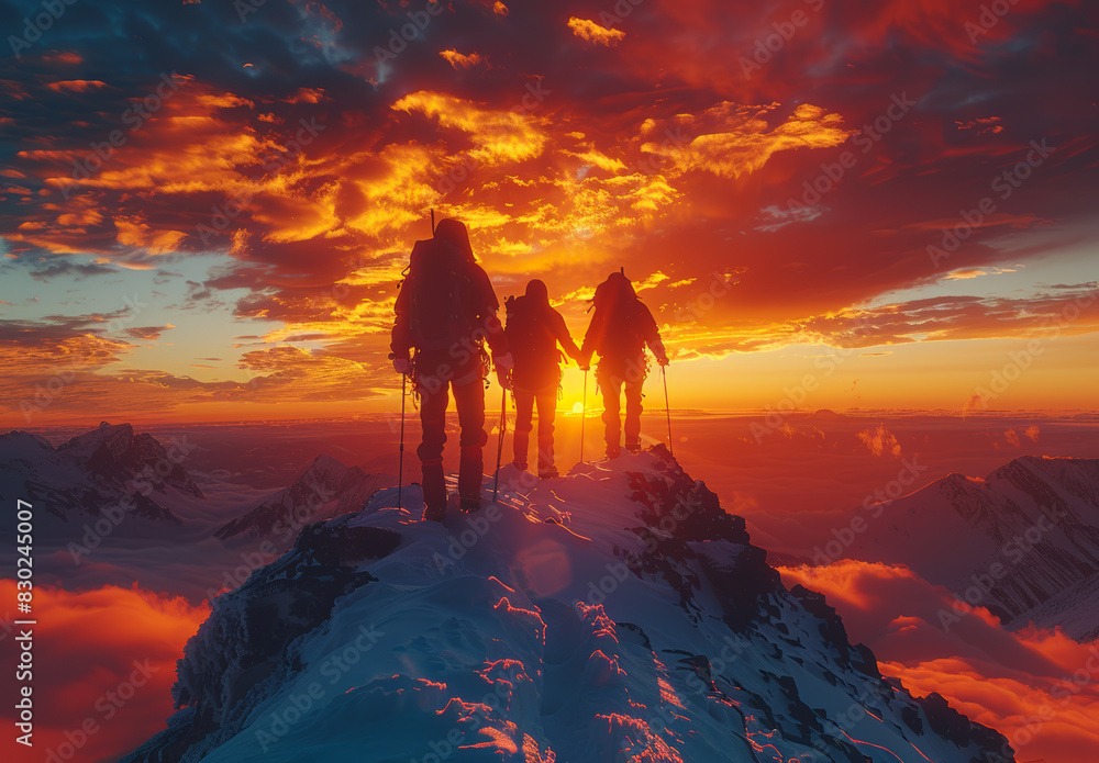 Three people are standing on a mountain peak, with the sun setting behind them. The sky is filled with clouds, and the atmosphere is serene and peaceful