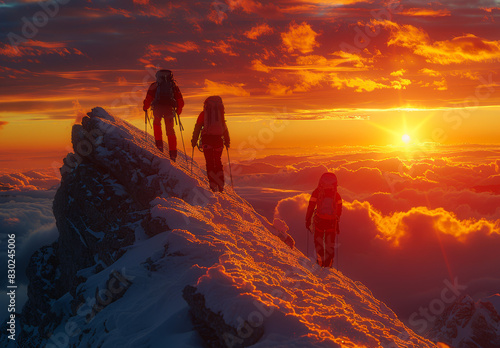 Three people are hiking up a mountain, with the sun setting in the background. The sky is filled with clouds, and the sun is shining brightly