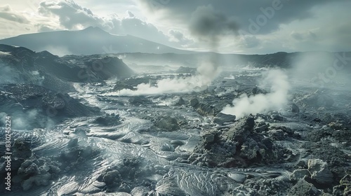 eerie calm of volcanic landscape with lava flows steam vents and bubbling mud pools landscape photography