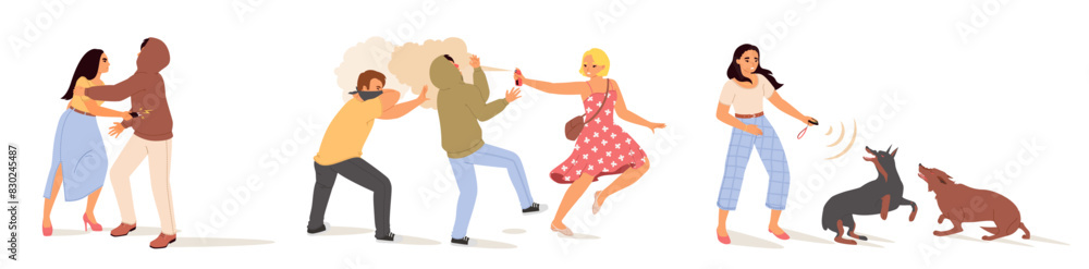 Self-defense techniques from street hooligan and aggressive homeless dogs vector illustration set. Young woman using gas canister, electric shock, ultrasound device to protect herself Self-defense techniques from street hooligan and aggressive homeless dogs vector illustration set. Young woman using gas canister, electric shock, ultrasound device to protect herself