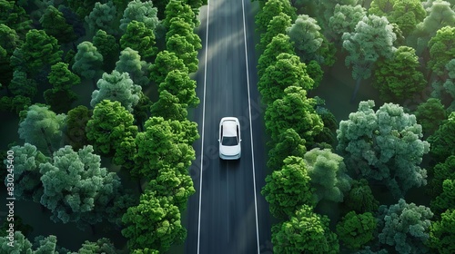 electric car driving on forest road aerial view ecofriendly transportation concept 3d illustration photo
