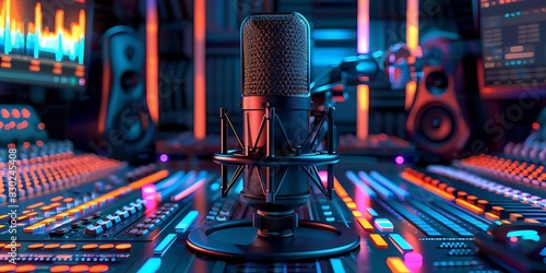 high-tech broadcasting microphone in an audio production setup with abstract voice over waveforms and digital sound editing tools. Podcasting concept.
