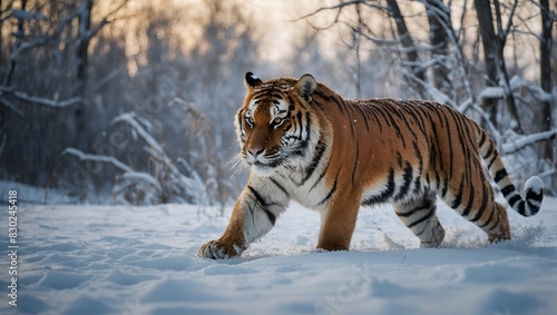 siberian tiger in snow and the tree also covered with snow.