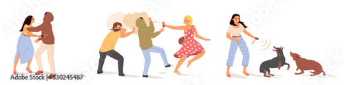 Self-defense techniques from street hooligan and aggressive homeless dogs vector illustration set. Young woman using gas canister, electric shock, ultrasound device to protect herself
