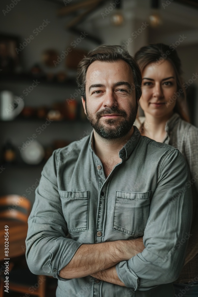 Portrait of a confident man with crossed arms and a woman behind him.