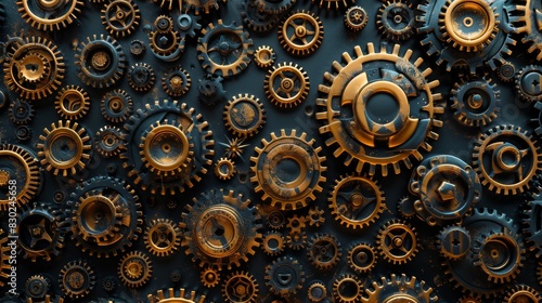 Rusty and worn gears form a complex mechanical pattern. photo