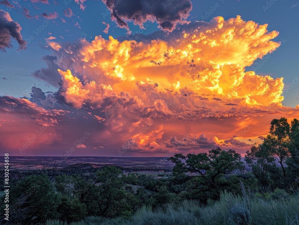 A vibrant cloudscape during sunset, with dramatic clouds illuminated by the golden and pink hues of the setting sun. The scene is dynamic and captivating, 