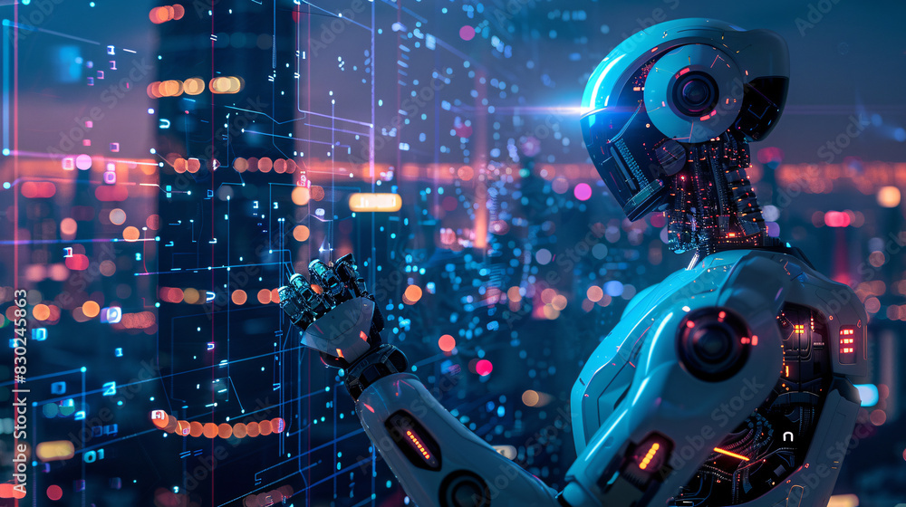 Obraz premium A robot stands in front of a cityscape with a futuristic look. The robot is surrounded by a city with tall buildings and lights. Scene is futuristic and technological