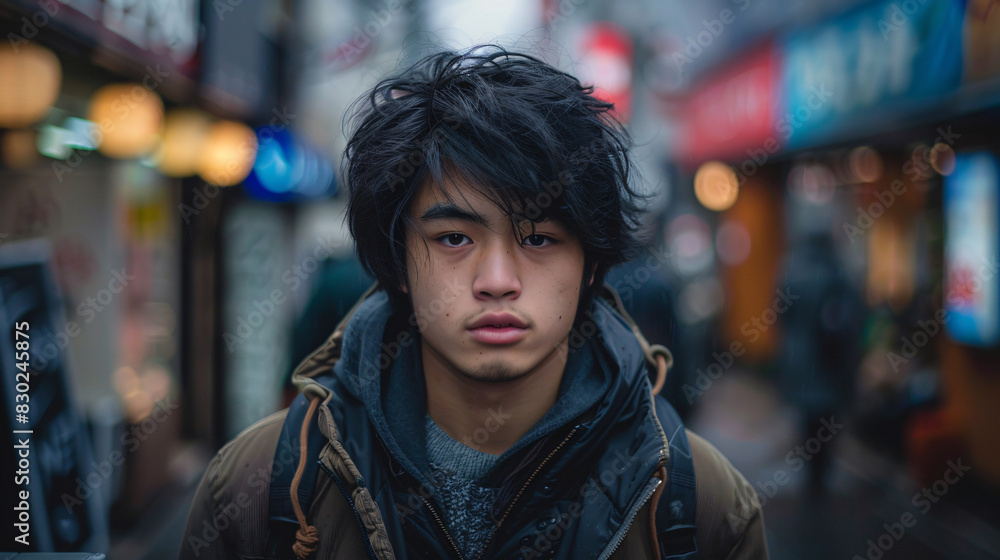 A young man with a backpack and a black jacket stands in front of a building A young man with a backpack and a black jacket stands in front of a building