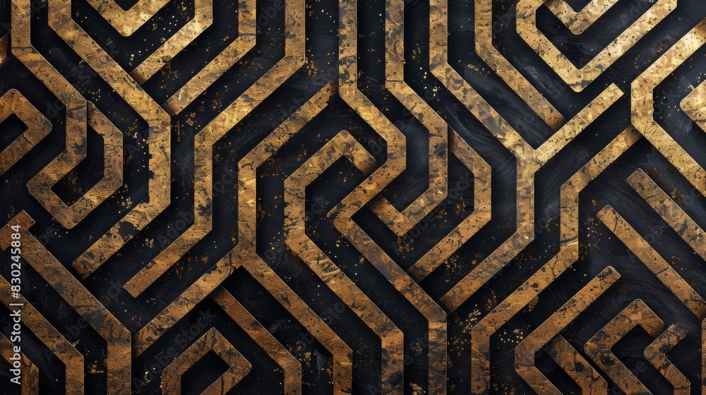 The image is a black and gold geometric pattern. The pattern is made up of interlocking hexagons, and has a futuristic look. The image is a black and gold geometric pattern. The pattern is made up of interlocking hexagons, and has a futuristic look.