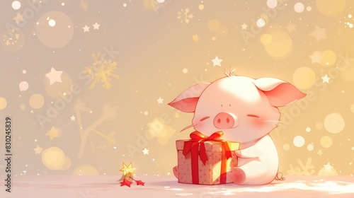 A charming little pig sits prettily cradling a delightful gift photo
