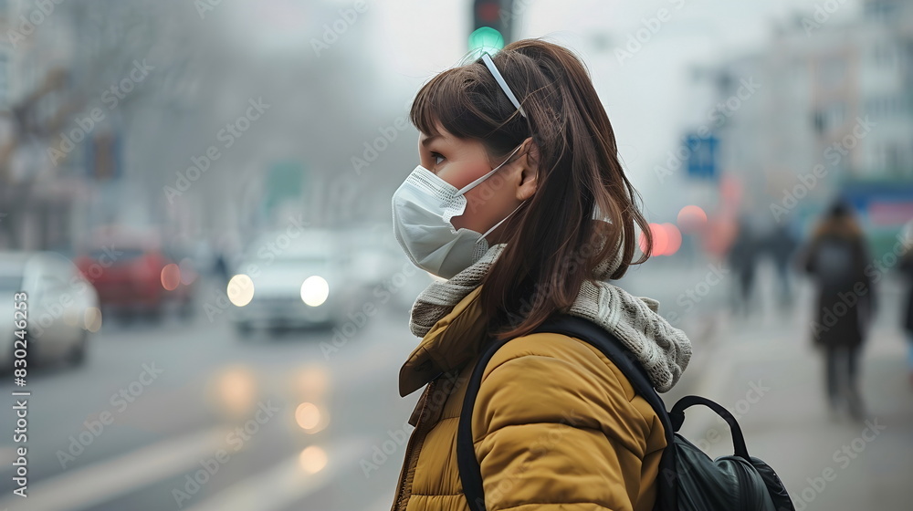 Fototapeta premium Woman Wearing Face Mask Urban Street Hazy Air Pollution City Life Winter Season