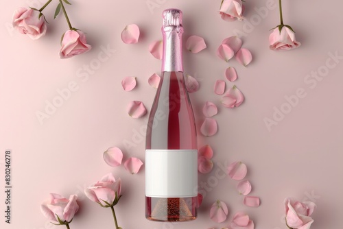 Mockup of a bottle of pink champagne, on a soft pink background with roses © Cat business