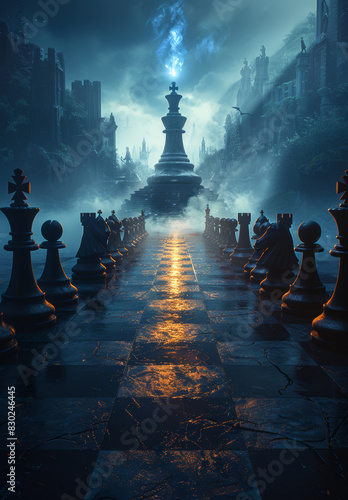 A chess board with a king and a castle in the background. The king is surrounded by a group of smaller pieces