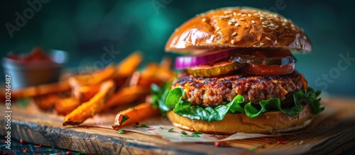 Nutritious Delight A Colorful Vegan Burger with Sweet Potato Fries Basking in Natural Light photo