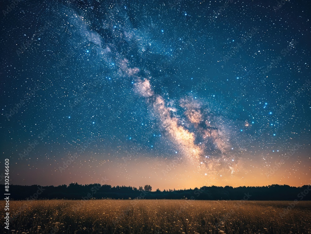 A stunning starry night over an open field, with the Milky Way clearly visible and stars sparkling brightly. The scene is quiet and magical, evoking a sense of wonder and tranquility. 
