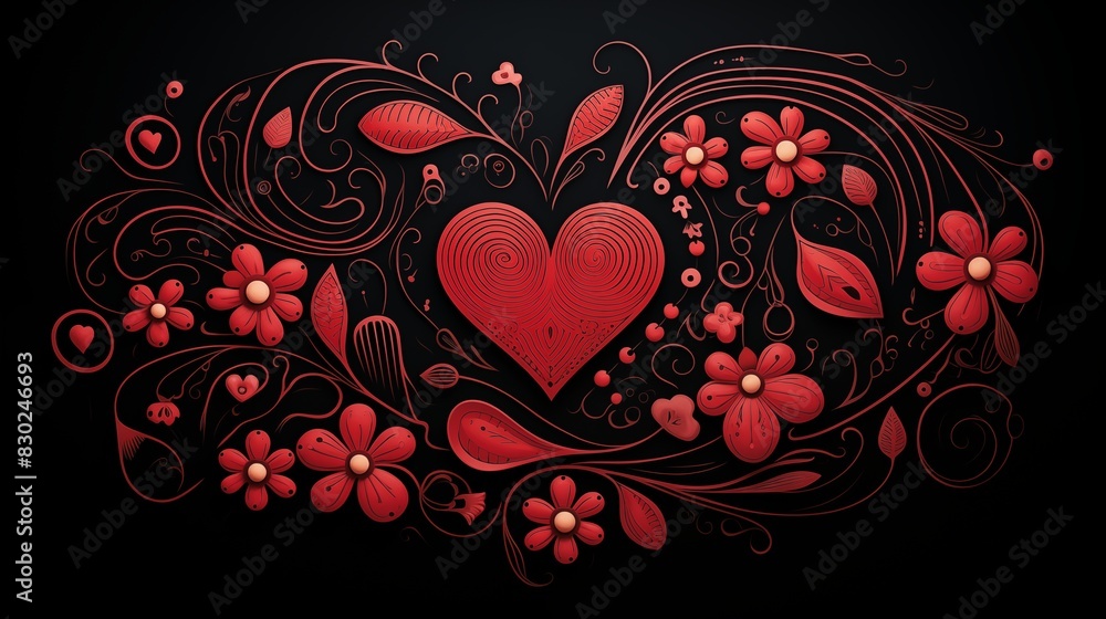 Red Heart and Flowers with Swirling Floral Design on Black Background Red Heart and Flowers with Swirling Floral Design on Black Background