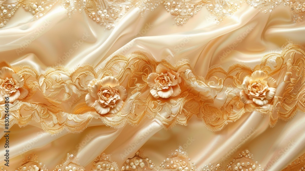 The image shows a close-up of a luxurious gold silk fabric with floral embroidery The image shows a close-up of a luxurious gold silk fabric with floral embroidery