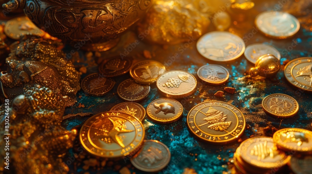 The image shows a pile of gold coins and beads The image shows a pile of gold coins and beads