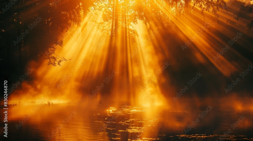 The photo shows a beautiful landscape with a bright shining sun and a calm river flowing through a forest. The photo shows a beautiful landscape with a bright shining sun and a calm river flowing through a forest.