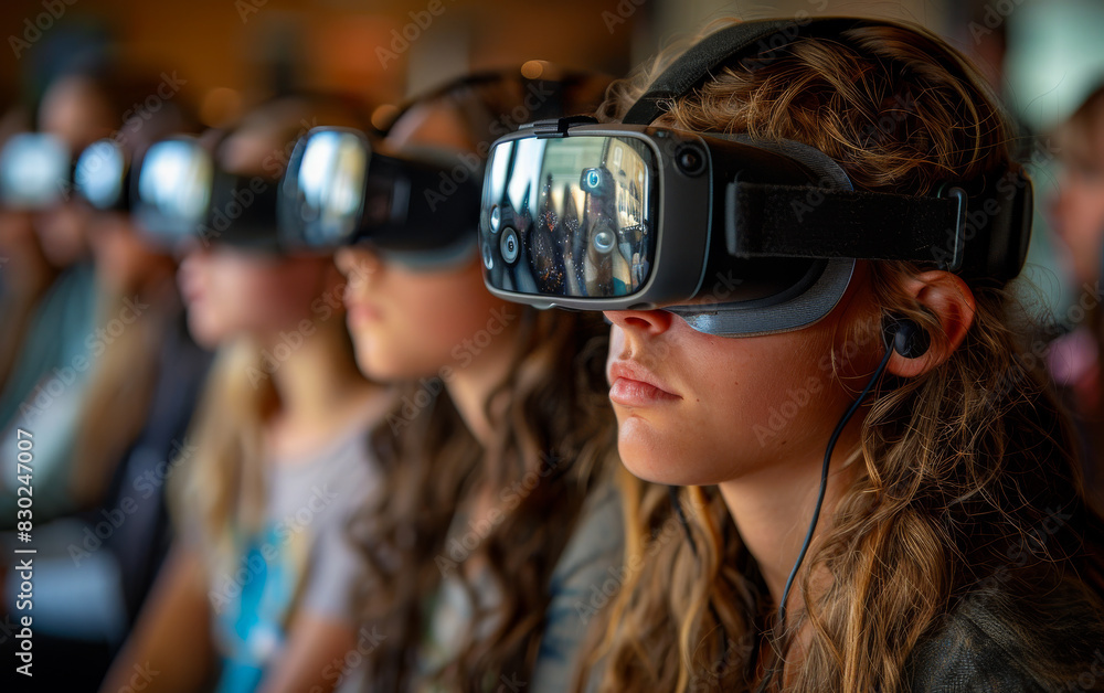 A group of people wearing virtual reality goggles. The woman in the middle is looking at the camera A group of people wearing virtual reality goggles. The woman in the middle is looking at the camera