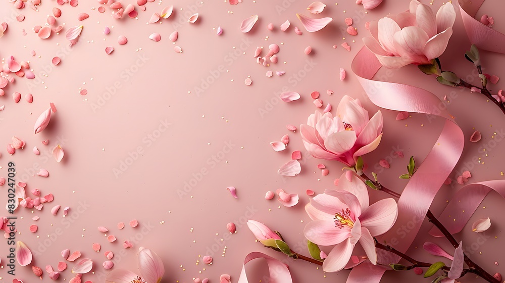 Fototapeta premium Pink Cherry Blossoms with Ribbon and Petals on Pastel Background, Elegant Floral Arrangement, Copy Space for Text, Minimalist Design, Romantic Concept, Top View for Marketing Material