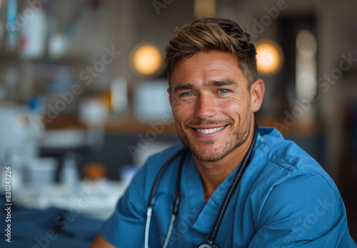 A smiling man in a blue scrubs shirt is posing for a picture. He is wearing a stethoscope around his neck