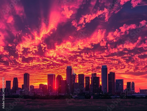 A vibrant sunset over a city skyline  with the buildings silhouetted against a sky ablaze in shades of red  orange  and pink. The dramatic colors create a stunning and lively atmosphere. 