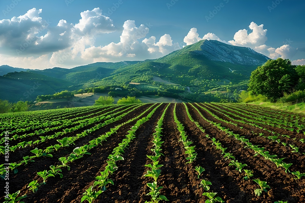 Green fields with young plants growing in rows, set against rolling hills and a blue sky. Green fields with young plants growing in rows, set against rolling hills and a blue sky.