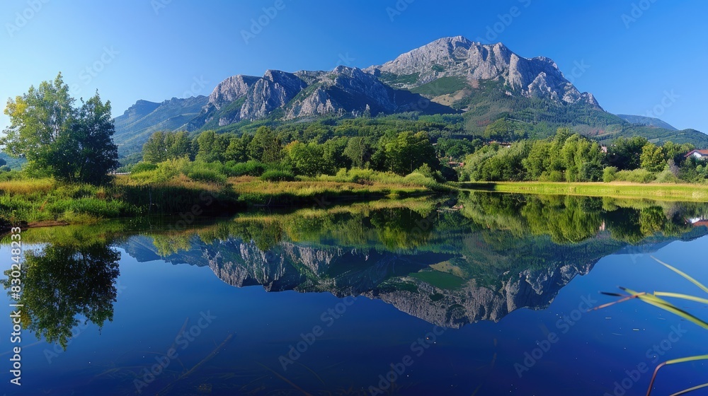 The country river mirrors the mountain while the villages and forests lie beneath the clear blue sky The country river mirrors the mountain while the villages and forests lie beneath the clear blue sky