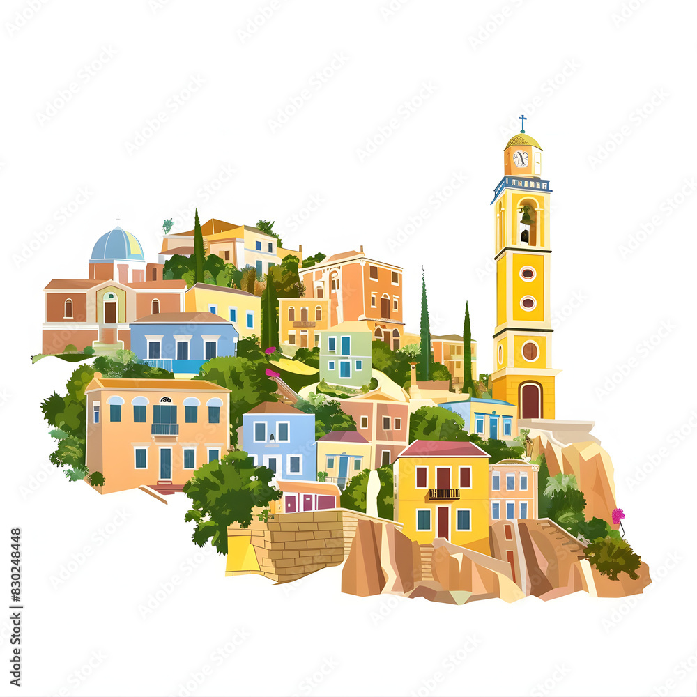 Sunny view of ano symi with colorful houses and clocktower, dodecanese islands, greece isolated on white background, png
