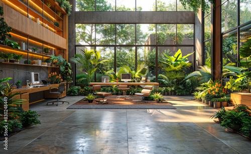 A large open room with a lot of greenery and plants. The room has a modern and minimalist design with a lot of natural light coming in from the windows.