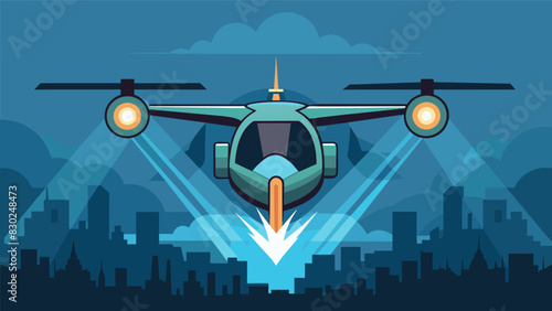 As it ascends the eVTOLs powerful electric engines emit an otherworldly glow marking its departure into the sky.. Vector illustration
