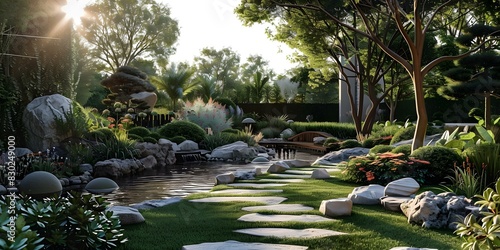 A beautiful garden with a pond, trees, and a stone path.