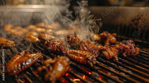 Chicken wings cooking on a restaurant grill showing close up angle of charring