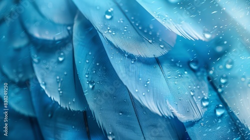  A tight shot of a blue bird's feathers, adorned with water droplets The hue of the wet feathers remains undeniably blue Only one wing, photo