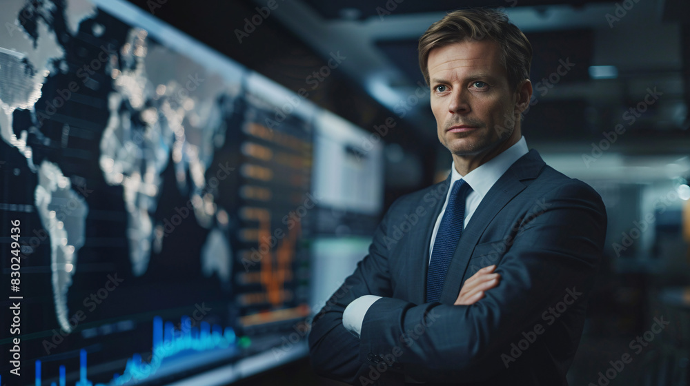 A man in a suit stands in front of a computer monitor displaying stock market graphs. He is focused and serious, possibly preparing for a business meeting or analyzing market trends A man in a suit stands in front of a computer monitor displaying stock market graphs. He is focused and serious, possibly preparing for a business meeting or analyzing market trends