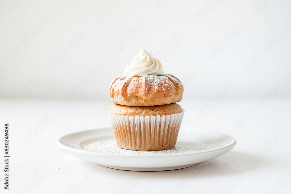 Single Vanilla Cupcake with Whipped Cream and Powdered Sugar on White Background Single Vanilla Cupcake with Whipped Cream and Powdered Sugar on White Background