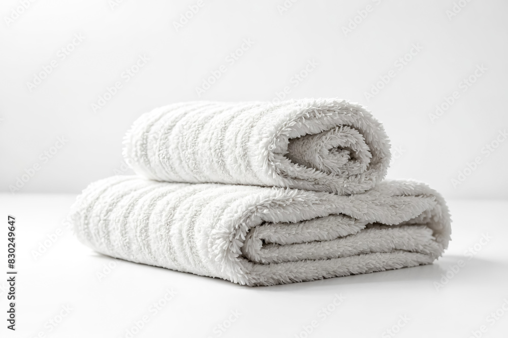 White Fluffy Towel Rolled Up on White Background White Fluffy Towel Rolled Up on White Background