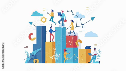 Businesspeople climbing bar charts with graphs and gears. Abstract vector illustration.