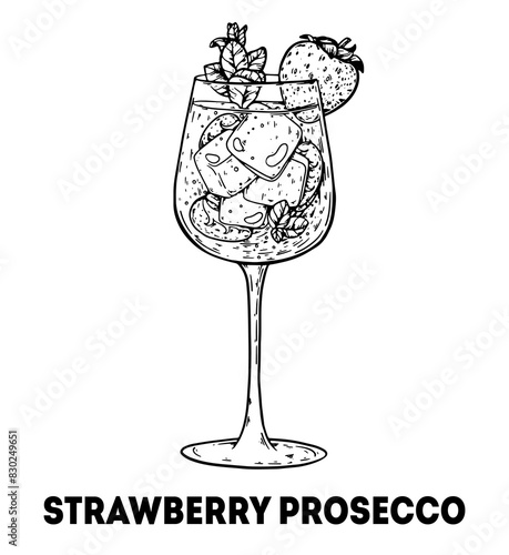 Strawberry Prosecco cocktail illustration. Hand drawn sketch. Vector illustration. Isolated object.